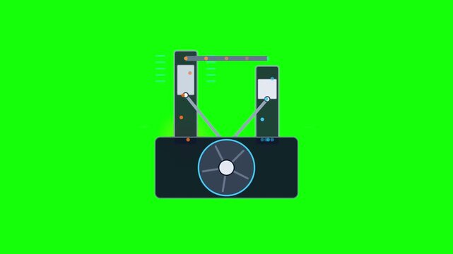 Flat vector motion graphic of an automated industrial machine processing particles on a green screen background