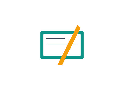 A stylized icon showing a bank check marked with a diagonal orange strike