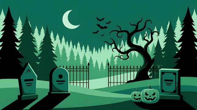 A hauntingly beautiful and eerie halloween night scene depicts a graveyard under a crescent moon with shadowy trees and a spooky atmosphere