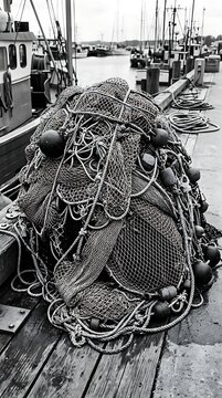 Pile of Commercial Fishing Nets on a Wooden Dock by the Water