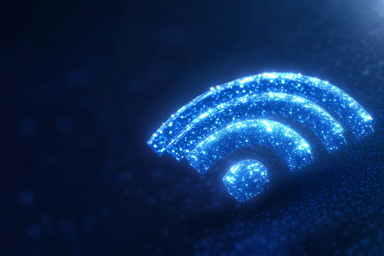 Glowing blue WiFi symbol made of particles on a dark background.