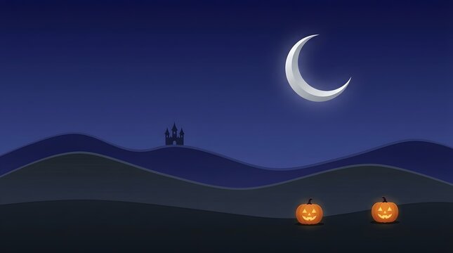 A spooky halloween night scene featuring a crescent moon silhouetted hills and glowing jack o' lanterns creates a festive atmosphere