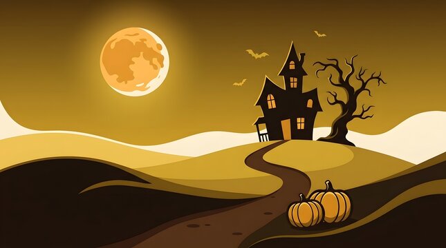 A spooky halloween night scene depicts a dark haunted house silhouetted against a large orange moon and winding path