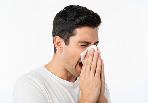 Young man sneezing into a tissue because he has a cold or seasonal allergies