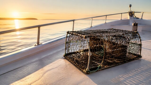 Lobster trap on deck showing a weathered trap secured on an open fishing boat deck in a wide frame