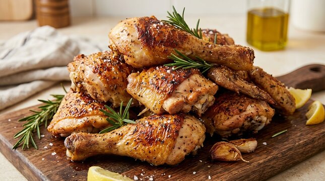 Gavaged chicken drumsticks served with rosemary and    lemon wedges on rustic wooden plate.