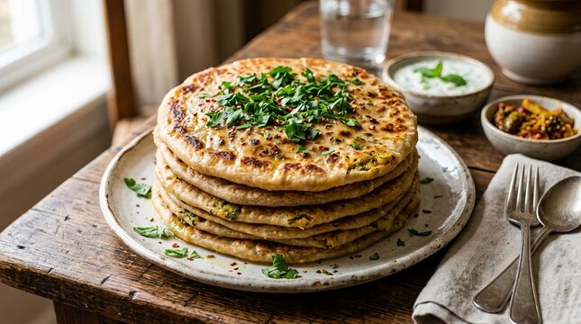 Stack of golden pancakes with fresh herbs and side dishes on wooden table.