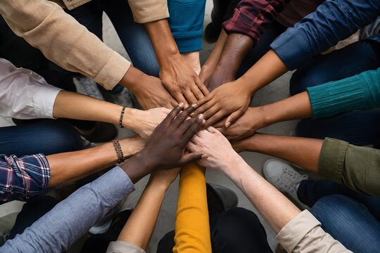 Diverse hands joining together representing global unity teamwork and collaboration