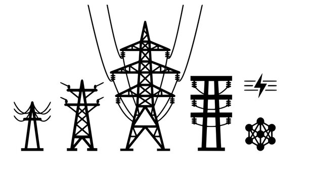 Power Transmission Tower and Electrical Line Black Icon Collection with High Voltage Pylons for Energy Industry Vector Graphics
