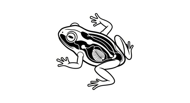 Black and white frog illustration jumping.