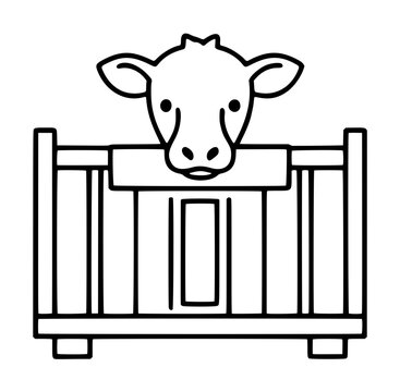 Hand traced black and white vector illustration of a cute calf peeking over a wooden crate, farm animal line art icon, simple outline drawing with minimal detail, perfect for rustic and agriculture