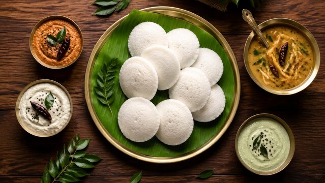 Idli lentil cakes showing idli plated with several chutneys on a dark green leaf with natural depth