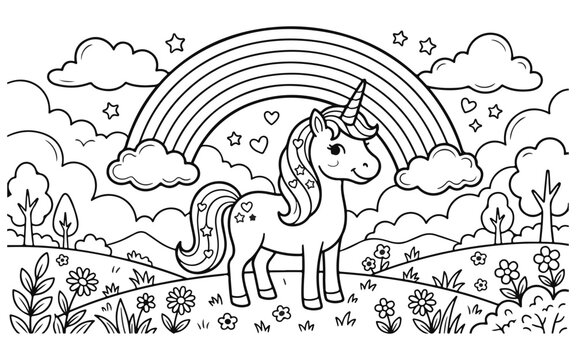 Cute unicorn standing in a beautiful flower meadow with a rainbow and fluffy clouds for kids coloring page