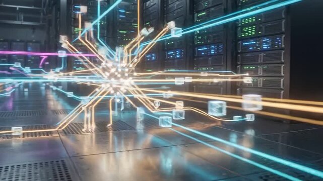 Digital Network Hub: A futuristic digital network hub with glowing circuits and data streams, set within a modern server room, illustrating the flow of information and connectivity.
