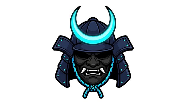 Neon glowing samurai mask and dark warrior helmet art graphic symbol
