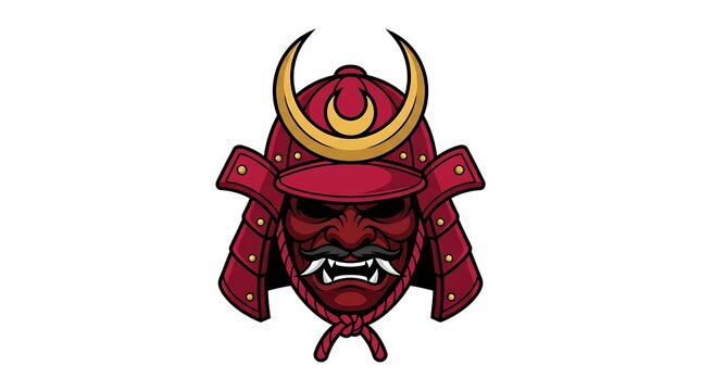 Japanese samurai helmet with fierce demon mask in red and gold vector art