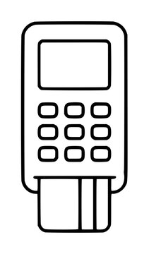 Hand-traced vector icon illustration of a classic card payment reader with screen display and numeric keypad buttons, rendered in clean black outline style for finance and retail use