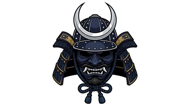 Traditional Japanese samurai warrior helmet with fierce demon mask graphic art
