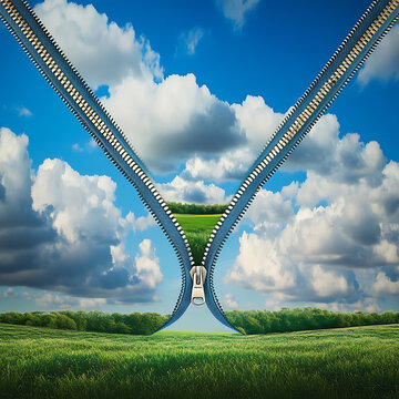 Surreal zipper opening sky to reveal lush green landscape below.