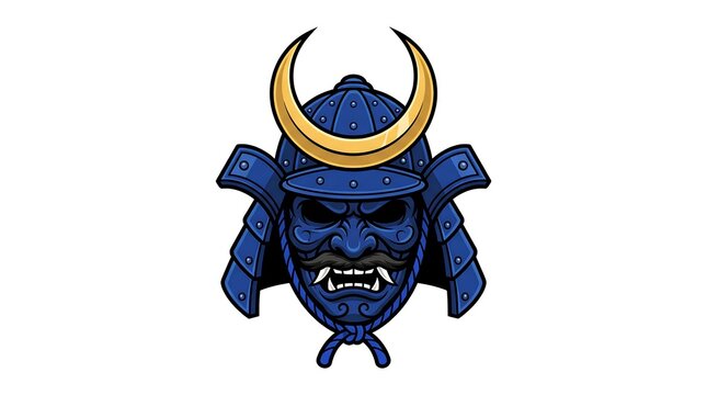 Japanese samurai helmet vector with menacing blue mask and golden crescent horn