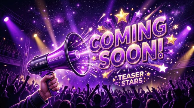 Exciting event announcement with glowing stars with depicts vibrant stage announcement spotlighted megaphone declaring upcoming event surrounded radiant stars energetic audience