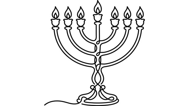 Minimalist continuous line art of a Hanukkah menorah with seven lit candles.