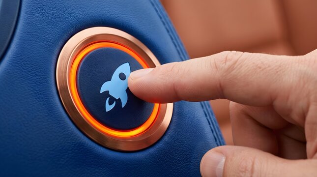 Finger pressing glowing rocket button on blue seat.