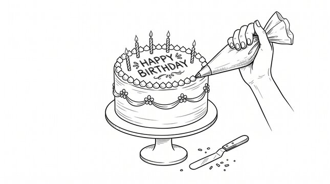 Decorating a birthday cake with icing piping bag hand drawn line art illustration on white background