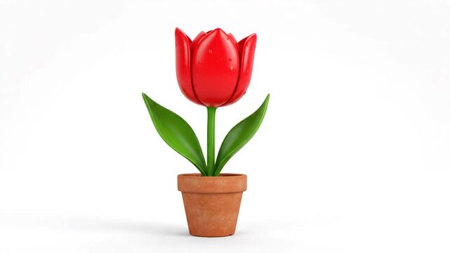 3D Stylized Red Tulip in Terracotta Pot Isolated on White