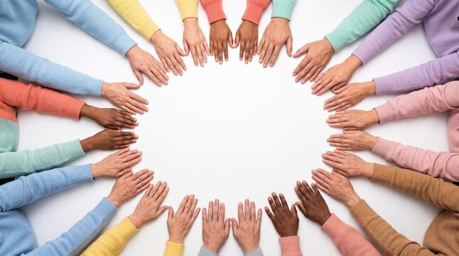Top view of diverse human hands in colorful sweaters forming perfect circle on white background representing unity and cooperation.
