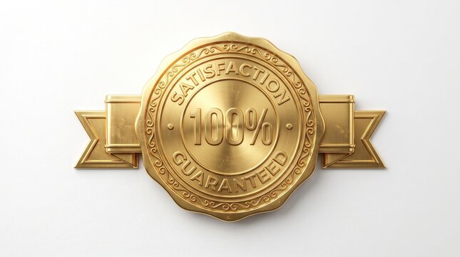 Golden seal badge with text satisfaction guaranteed and hundred percent symbol isolated on white background for business trust.