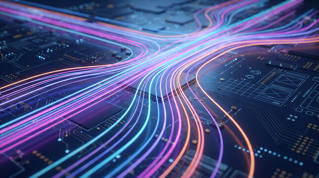 An ultra-detailed close-up visualization of digital information flowing across a futuristic computing network. The scene features dozens of smooth, luminous data streams gracefully converging and dive