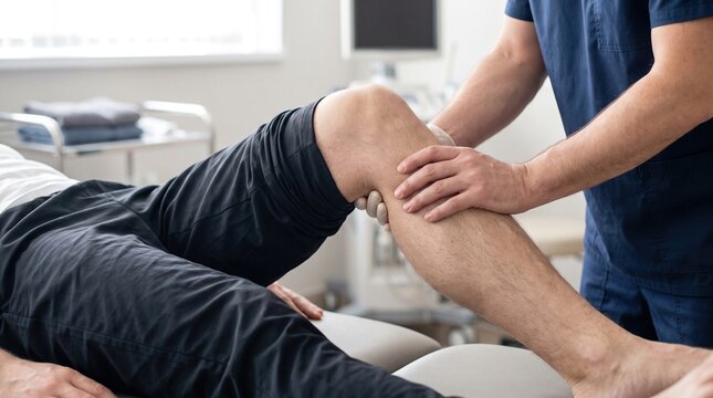 Physical therapist examining patient knee joint for injury recovery and rehabilitation exercise in modern orthopedic medical clinic.