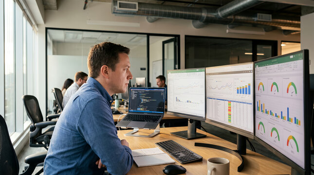 A candid office photograph of a focused financial analyst working at a modern workstation inside a contemporary corporate office