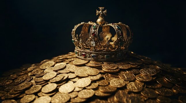 Pile of gold coins with a royal crown on top