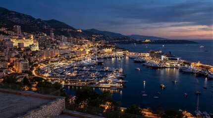 Fototapeta premium Yachts moored and lights glowing in coastal harbor at dusk