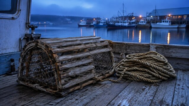 Lobster trap on deck showing stacked traps with buoys and rope on a working boat deck for stock use