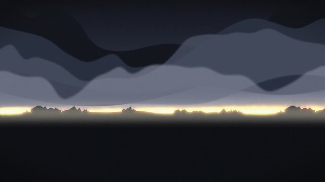 Abstract landscape with layered mountains and glowing horizon. 2d animation