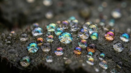 Fototapeta premium Water droplets resting on moss with iridescent reflections