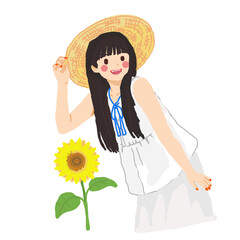 Cute Japan Girl with Straw Hat and Beautiful Bright Sunflower Summer Fashion Character Design Doodle Art Hand Draw Vector Illustration 2