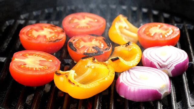 Fresh tomatoes peppers and onions grilling on barbecue grate