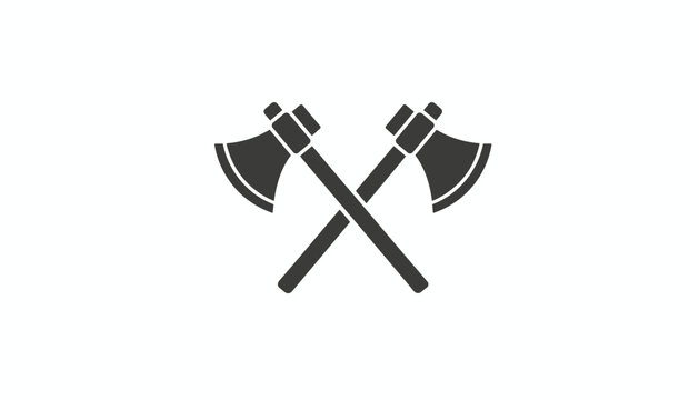 Dark grey silhouette of two crossed viking axes or battle axes isolated on a plain white background, military emblem.
