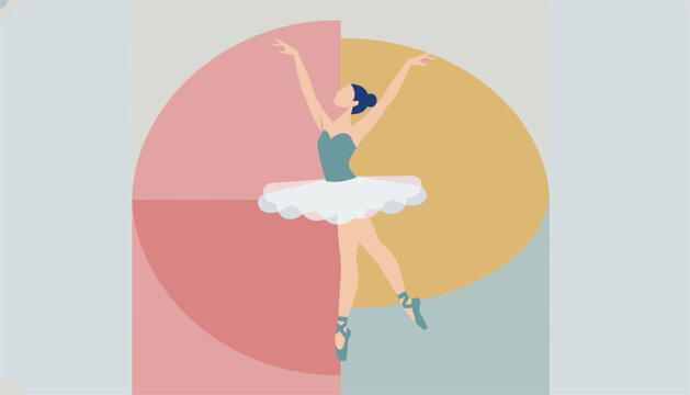 Graceful ballerina in a white tutu and blue top dancing against an abstract background of pastel circles and geometric shapes.