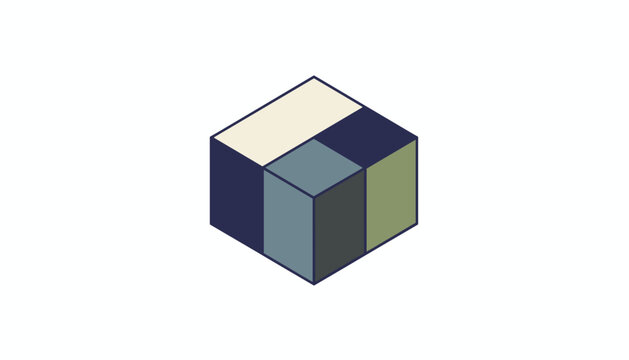Geometric isometric block composition displaying a stylized cube made of different colored rectangular prism segments.