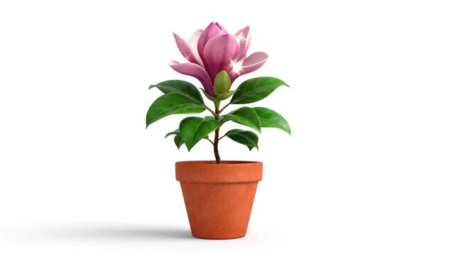 Pink Magnolia Flower in Terracotta Pot Isolated on White