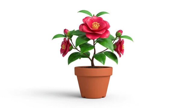 Red Camellia Plant in Terracotta Pot on White Background