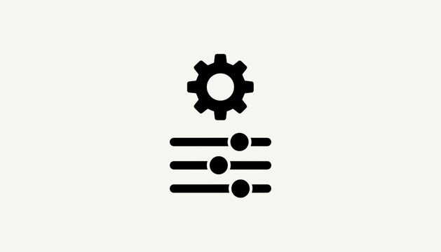 Black minimalist vector settings icon showing a single gear cog wheel above three horizontal control sliders on light background.