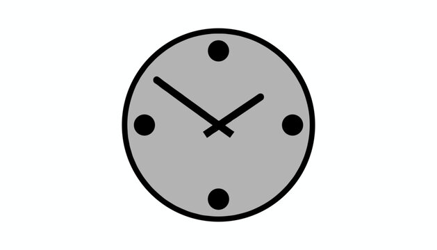 Simple grey round analog wall clock icon showing black hour hands pointing to time with four classic dots representing hours.
