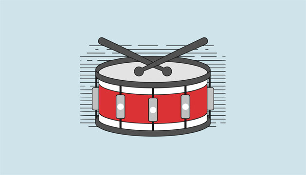 Classic red snare drum with crossed wooden drumsticks, isolated on a light blue background with horizontal speed lines.