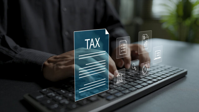 Government tax and VAT calculation concept. Person using laptop with state taxes, percentage and finance icons, online tax return filing, government compliance and financial planning.